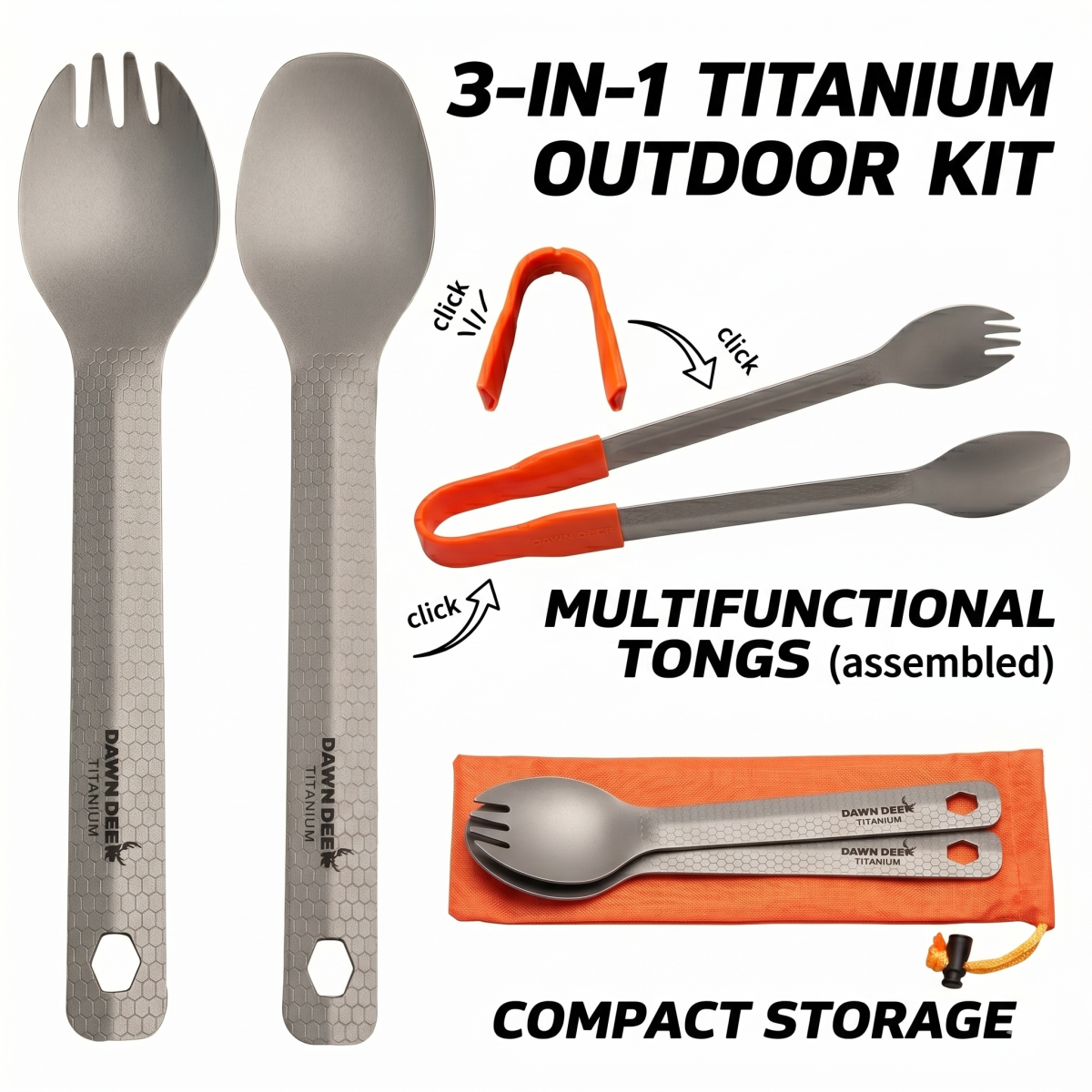 Quechua Camping Cooking Set - DAWN DEER 3-in-1 Titanium Spork Spoon